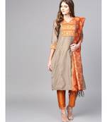 Women Beige & Mustered Solid Straight Chanderi Kurta With Pant brocade Dupatta