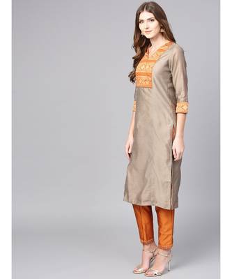Women Beige & Mustered Solid Straight Chanderi Kurta With Pant brocade Dupatta 2
