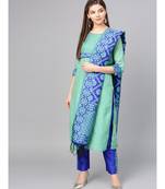 Women Green & Blue Solid Straight Chanderi Kurta With Pant brocade Dupatta