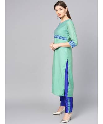 Women Green & Blue Solid Straight Chanderi Kurta With Pant brocade Dupatta 2