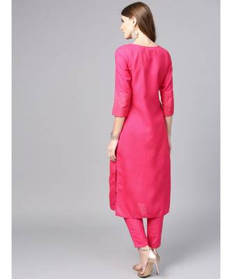 Women Pink Solid Straight Rayon Kurta With Pant 3