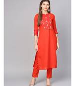 Women Red Solid Straight Rayon Kurta With Pant