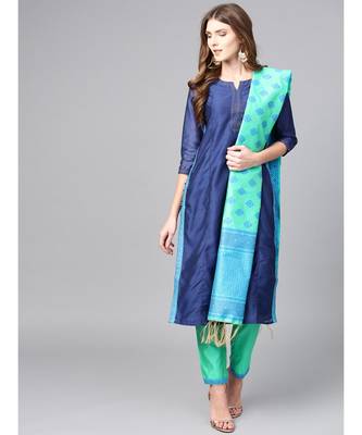 Women Blue & Green Solid Straight Chanderi Kurta With Pant brocade Dupatta 1