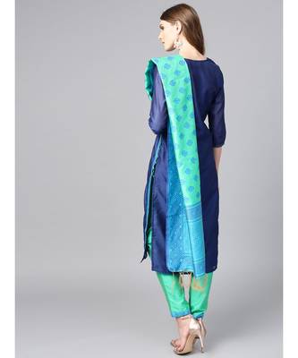 Women Blue & Green Solid Straight Chanderi Kurta With Pant brocade Dupatta 3