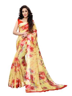 Yellow Printed Poly Cotton Saree With Blouse 1