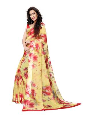 Yellow Printed Poly Cotton Saree With Blouse 2