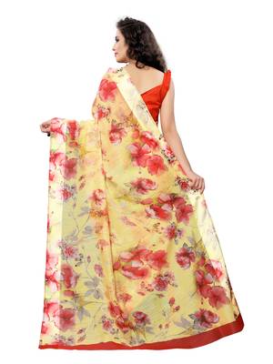 Yellow Printed Poly Cotton Saree With Blouse 3