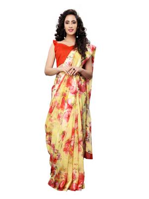 Yellow Printed Poly Cotton Saree With Blouse 4