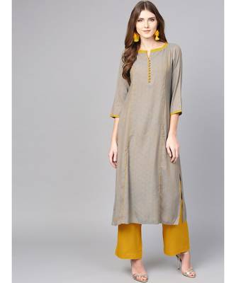 Women Grey & Yellow Geometric A-Line Rayon Dobby Kurta With Palazzo 1