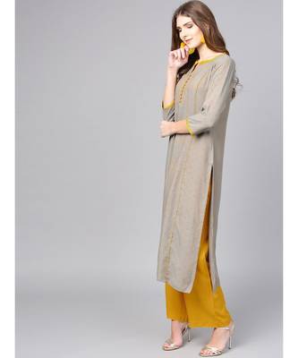Women Grey & Yellow Geometric A-Line Rayon Dobby Kurta With Palazzo 2