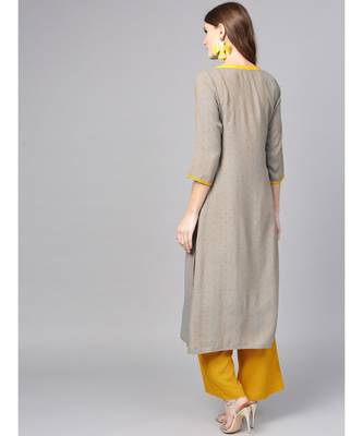Women Grey & Yellow Geometric A-Line Rayon Dobby Kurta With Palazzo 3