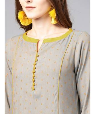Women Grey & Yellow Geometric A-Line Rayon Dobby Kurta With Palazzo 4