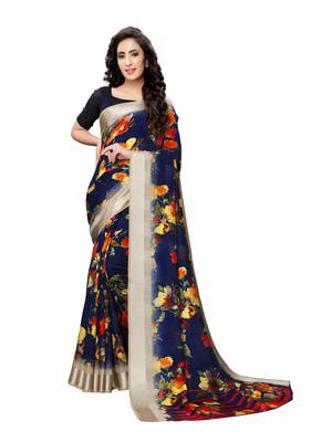 Blue printed poly silk saree with blouse 1