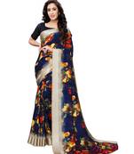 Blue printed poly silk saree with blouse