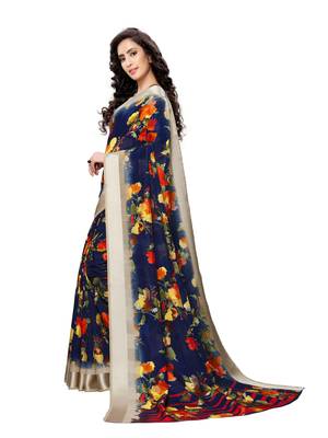 Blue printed poly silk saree with blouse 2