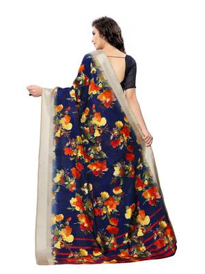 Blue printed poly silk saree with blouse 3