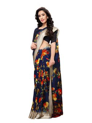 Blue printed poly silk saree with blouse 4