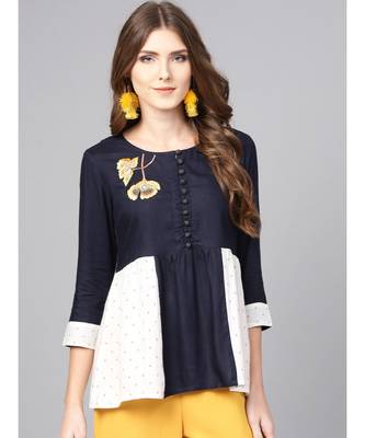 Women navy blue a-line Rayon Top 1