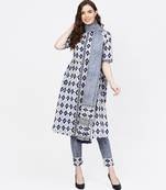 Women Navy Blue Geometric A-Line Cotton Kurta With Pant And Dupatta