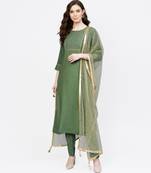 Women Green Embroidered Straight Viscose Musline Kurta With Pant And Net Dupatta