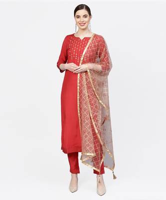 Women Red And Brown Embroidered Straight Viscose Musline Kurta With Pant And Net Dupatta 1