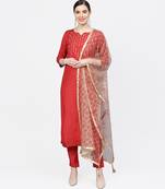 Women Red And Brown Embroidered Straight Viscose Musline Kurta With Pant And Net Dupatta