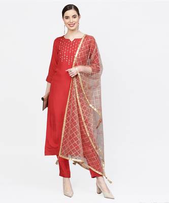 Women Red And Brown Embroidered Straight Viscose Musline Kurta With Pant And Net Dupatta 2