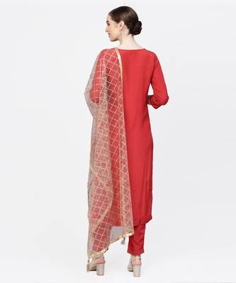 Women Red And Brown Embroidered Straight Viscose Musline Kurta With Pant And Net Dupatta 3