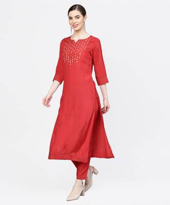 Women Red And Brown Embroidered Straight Viscose Musline Kurta With Pant And Net Dupatta 4