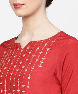 Women Red And Brown Embroidered Straight Viscose Musline Kurta With Pant And Net Dupatta 5