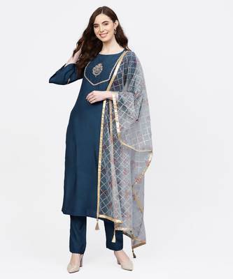 Women Teal And Light Blue Embroidered Viscose Musline Kurta With Pant And Net Dupatta 1