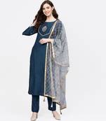 Women Teal And Light Blue Embroidered Viscose Musline Kurta With Pant And Net Dupatta
