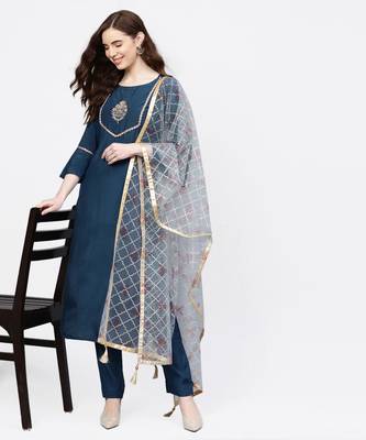 Women Teal And Light Blue Embroidered Viscose Musline Kurta With Pant And Net Dupatta 2
