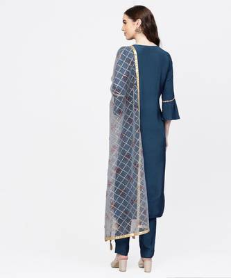 Women Teal And Light Blue Embroidered Viscose Musline Kurta With Pant And Net Dupatta 3