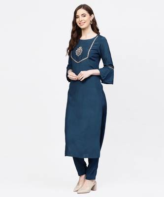 Women Teal And Light Blue Embroidered Viscose Musline Kurta With Pant And Net Dupatta 4