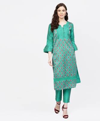 Women Green Embroidered Straight Chandery Kurta With Pant 1