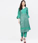 Women Green Embroidered Straight Chandery Kurta With Pant