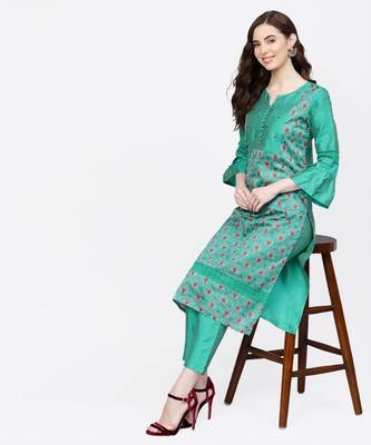Women Green Embroidered Straight Chandery Kurta With Pant 2