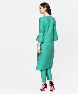 Women Green Embroidered Straight Chandery Kurta With Pant 3