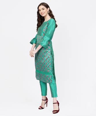 Women Green Embroidered Straight Chandery Kurta With Pant 4