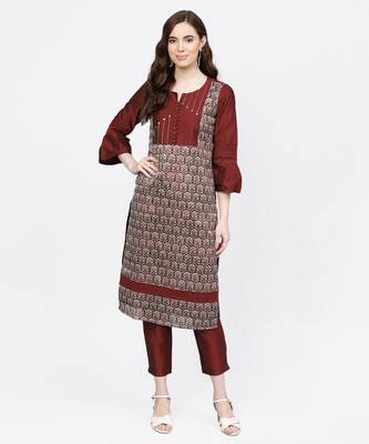 Women Maroon Embroidered Straight Chandery Kurta With Pant 1