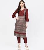 Women Maroon Embroidered Straight Chandery Kurta With Pant