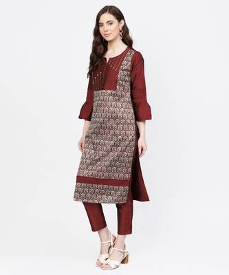 Women Maroon Embroidered Straight Chandery Kurta With Pant 2