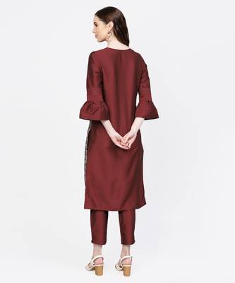 Women Maroon Embroidered Straight Chandery Kurta With Pant 3