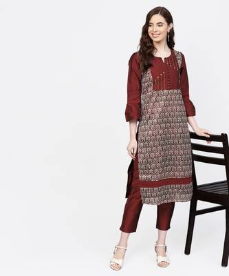 Women Maroon Embroidered Straight Chandery Kurta With Pant 4