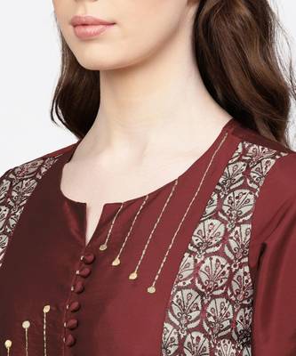 Women Maroon Embroidered Straight Chandery Kurta With Pant 5
