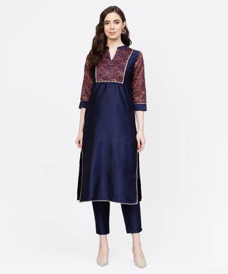 Women Navy Blue Ethnic Motifs Straight Chandery Kurta With Pant 1