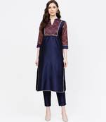 Women Navy Blue Ethnic Motifs Straight Chandery Kurta With Pant