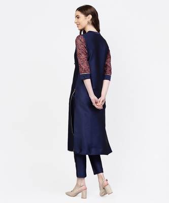 Women Navy Blue Ethnic Motifs Straight Chandery Kurta With Pant 2