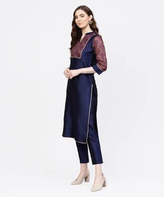 Women Navy Blue Ethnic Motifs Straight Chandery Kurta With Pant 3
